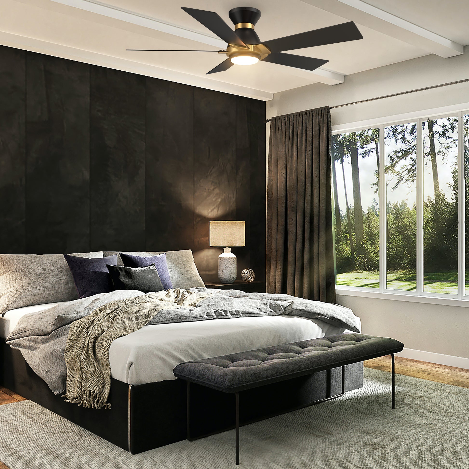Carro ASCENDER 52 inch 5-Blade Flush Mount Smart Ceiling Fan with LED Light & Remote Control - Black/Black (Gold Detail)