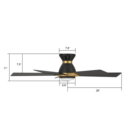 Carro ASCENDER 52 inch 5-Blade Flush Mount Smart Ceiling Fan with LED Light & Remote Control - Black/Black (Gold Detail)
