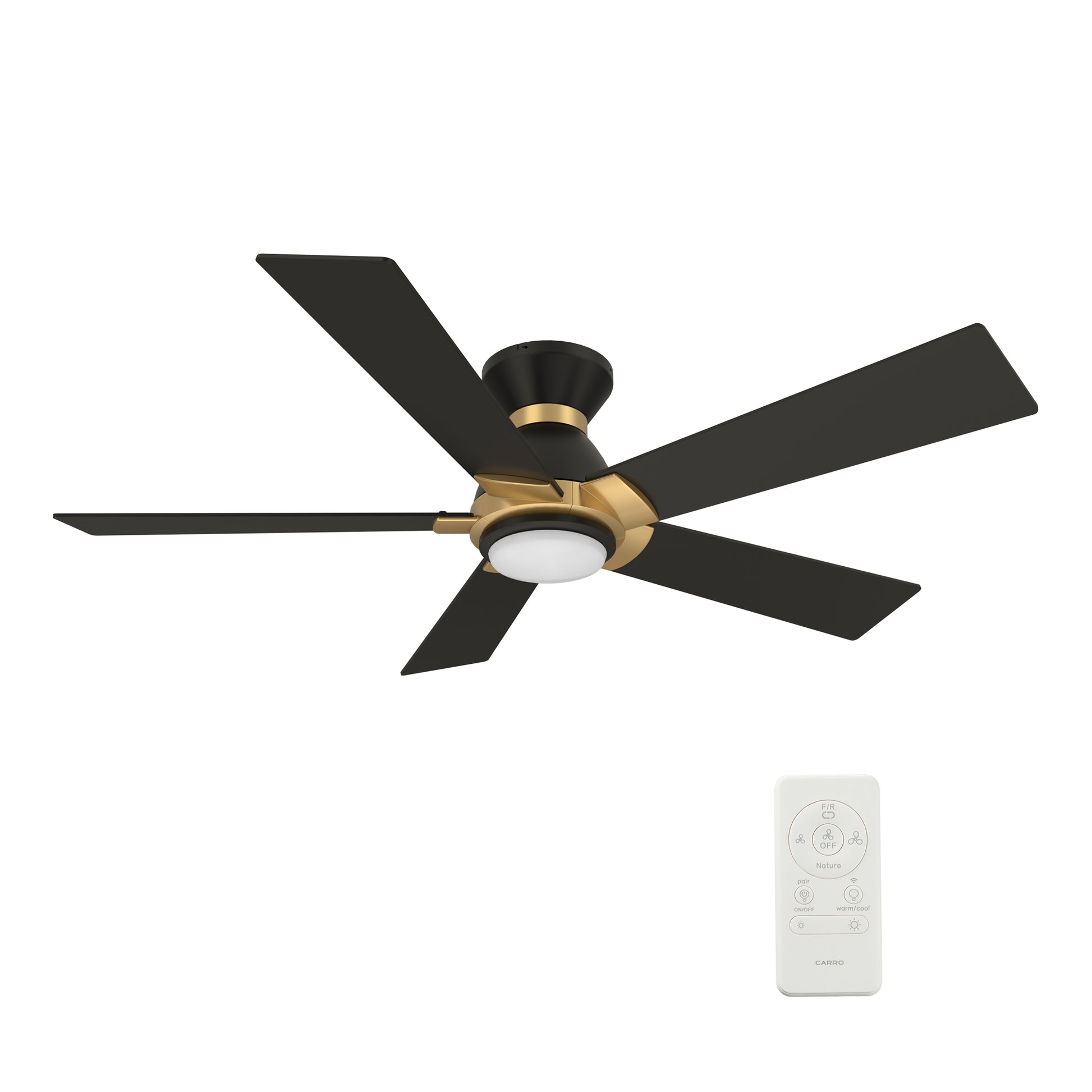 Carro ASCENDER 52 inch 5-Blade Flush Mount Smart Ceiling Fan with LED Light & Remote Control - Black/Black (Gold Detail)