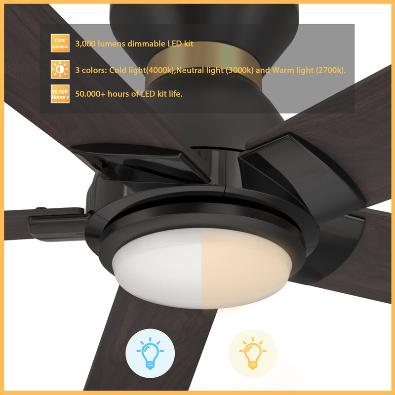Carro ASCENDER 52 inch 5-Blade Flush Mount Smart Ceiling Fan with LED Light & Remote Control - Black & Gold /Walnut & Barnwood (Reversible Blades)