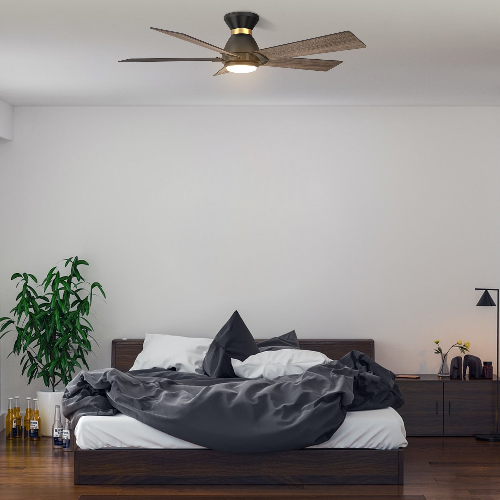 Carro Home ASCENDER 52 inch 5-Blade Flush Mount Smart Ceiling Fan with LED Light & Remote Control - Black/Walnut (Gold Detail & Reversible Blades) 