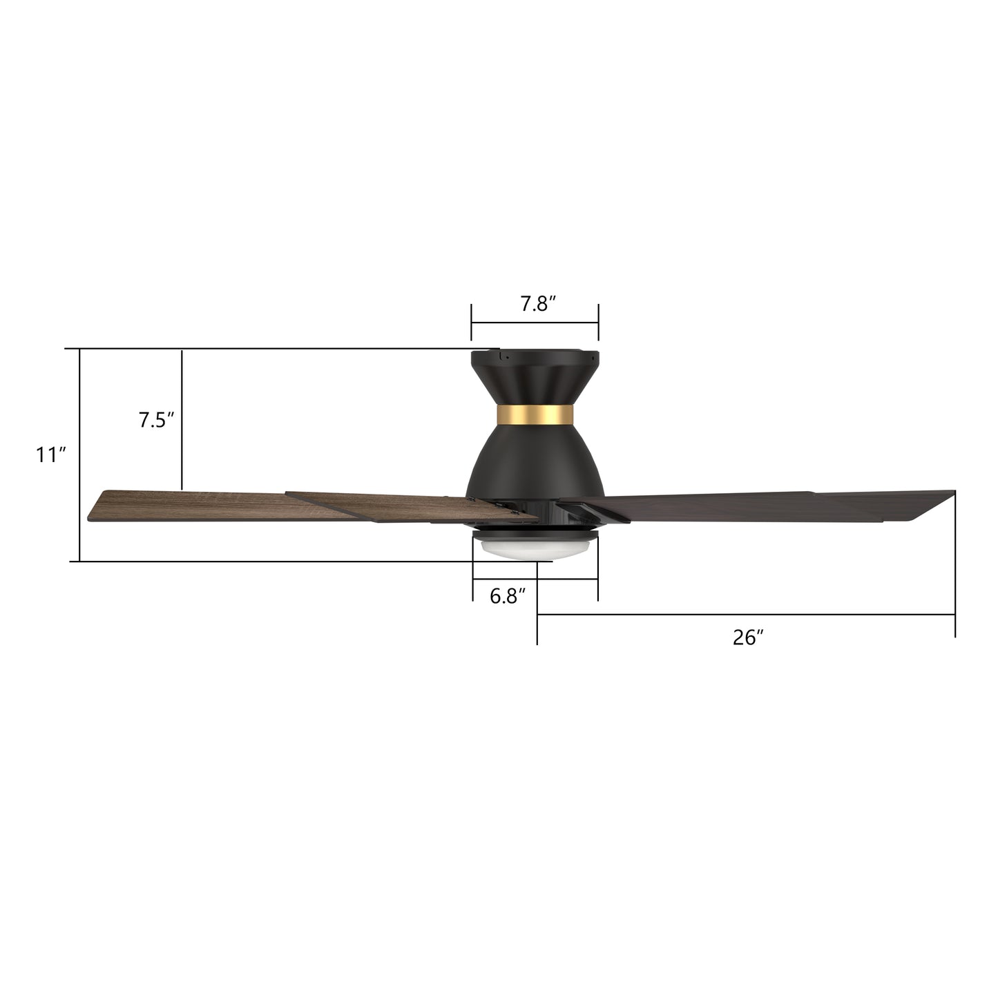 Carro Home ASCENDER 52 inch 5-Blade Flush Mount Smart Ceiling Fan with LED Light & Remote Control - Black/Walnut (Gold Detail & Reversible Blades) 
