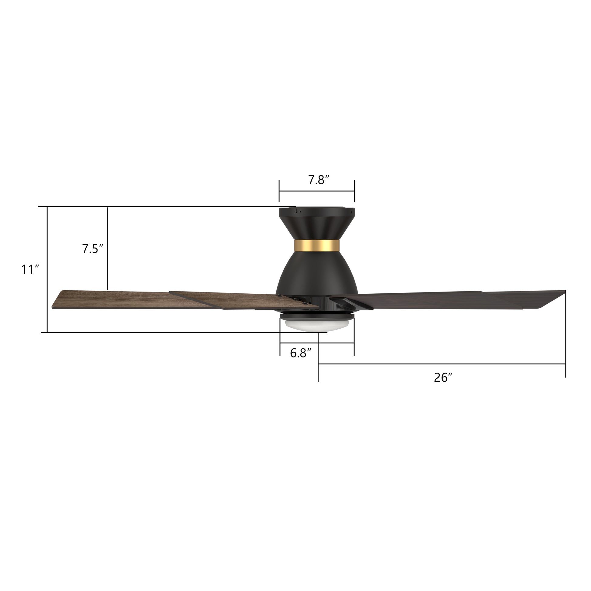 Carro Home ASCENDER 52 inch 5-Blade Flush Mount Smart Ceiling Fan with LED Light & Remote Control - Black/Walnut (Gold Detail & Reversible Blades) 