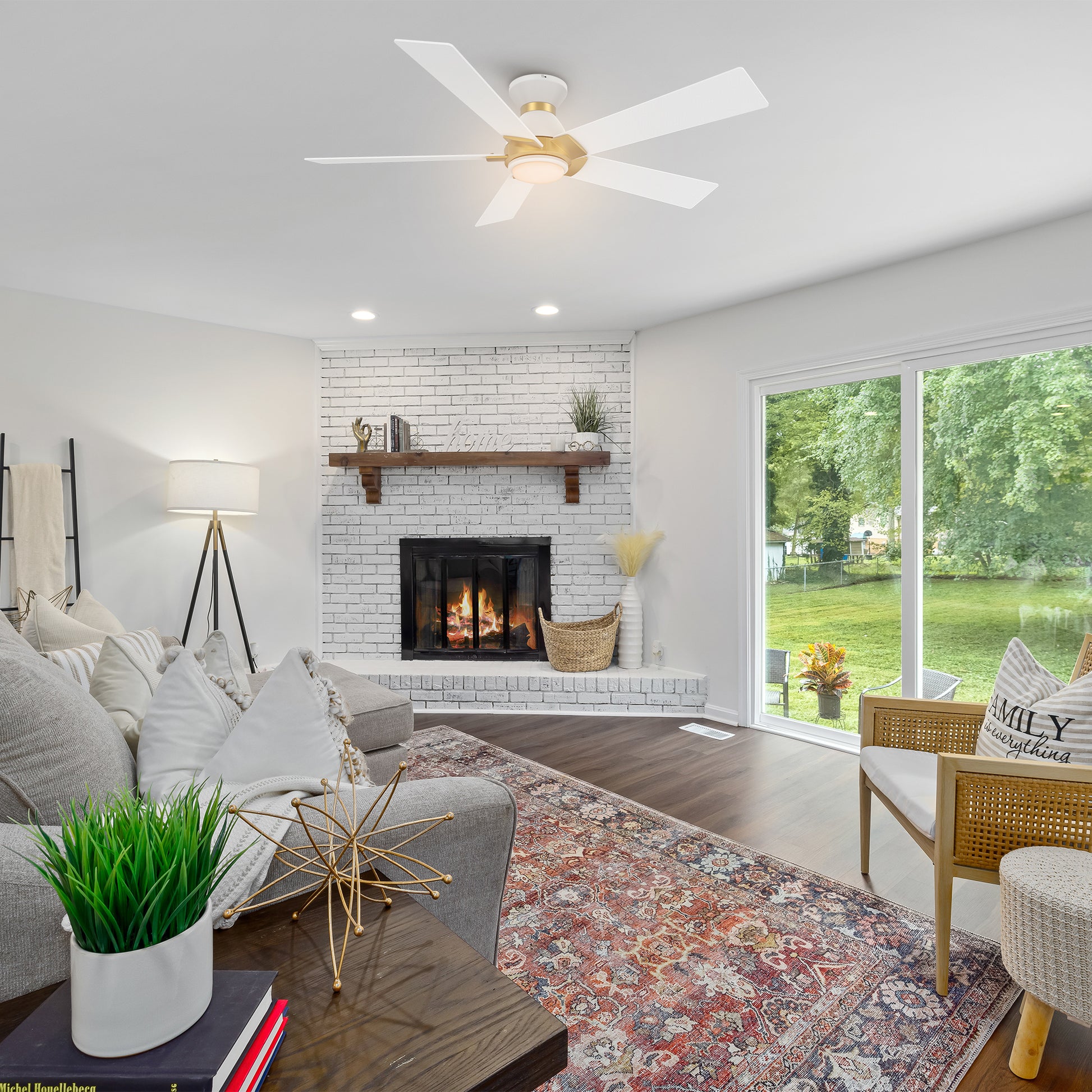 Carro Home ASCENDER 52 inch 5-Blade Flush Mount Smart Ceiling Fan with LED Light & Remote Control - White/White (Gold Detail) Fan Blades