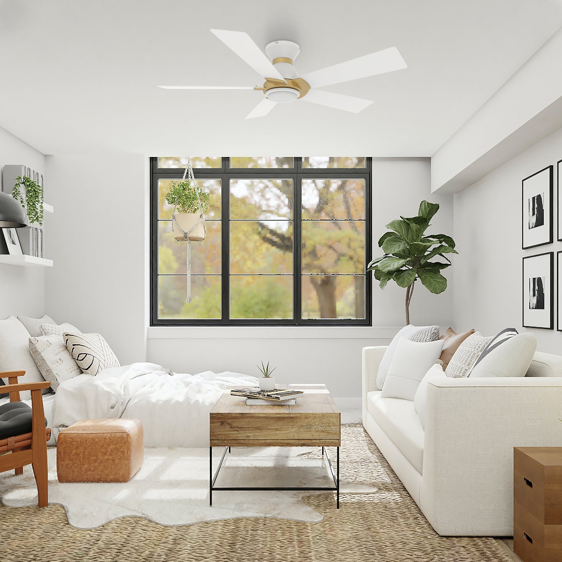 Carro Home ASCENDER 52 inch 5-Blade Flush Mount Smart Ceiling Fan with LED Light & Remote Control - White/White (Gold Detail) Fan Blades