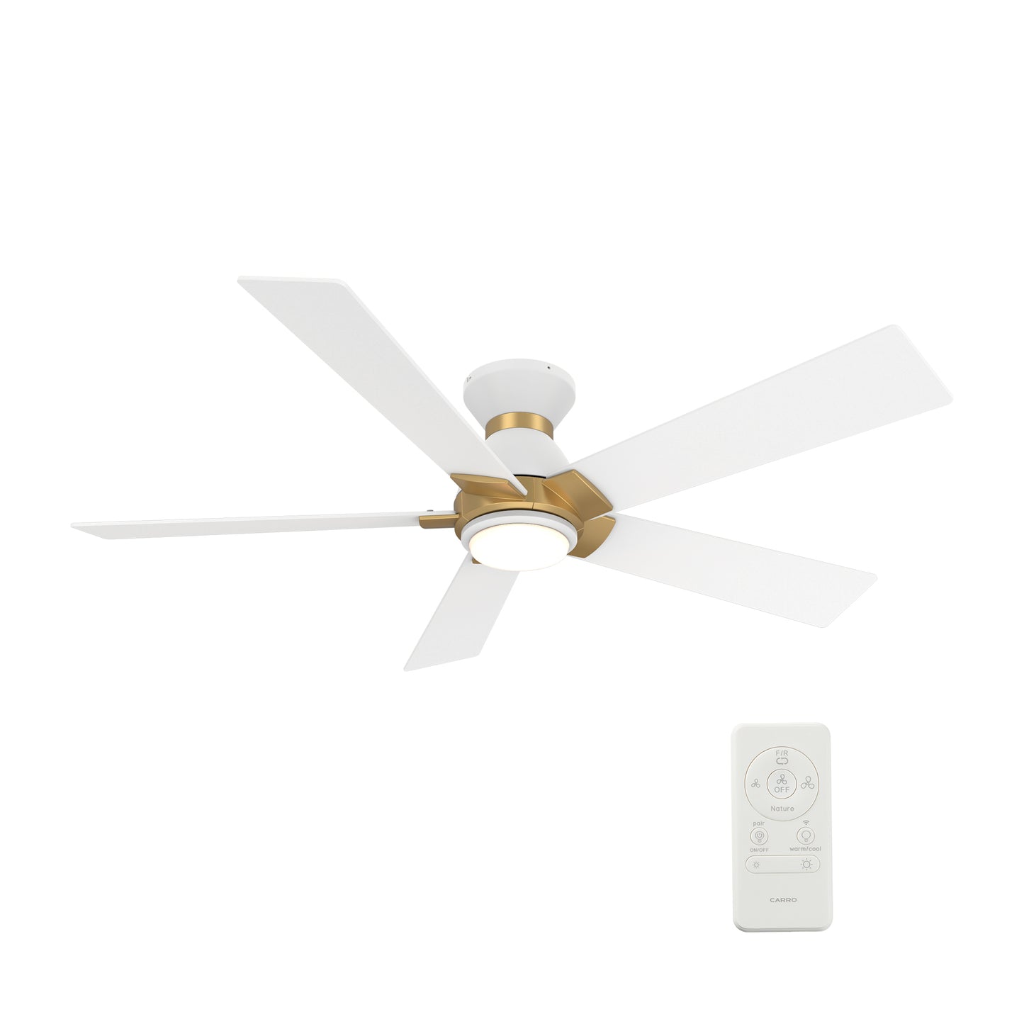 Carro Home ASCENDER 52 inch 5-Blade Flush Mount Smart Ceiling Fan with LED Light & Remote Control - White/White (Gold Detail) Fan Blades