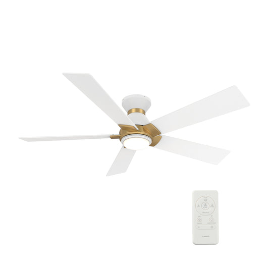 Carro Home ASCENDER 52 inch 5-Blade Flush Mount Smart Ceiling Fan with LED Light & Remote Control - White/White (Gold Detail) Fan Blades