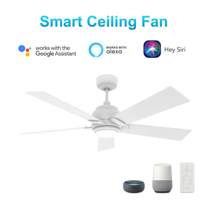 Carro Home ASCENDER 52 inch 5-Blade Smart Ceiling Fan with LED Light & Remote Control - White/White fan blades