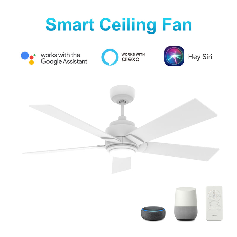 Carro Home ASCENDER 52 inch 5-Blade Smart Ceiling Fan with LED Light & Remote Control - White/White fan blades