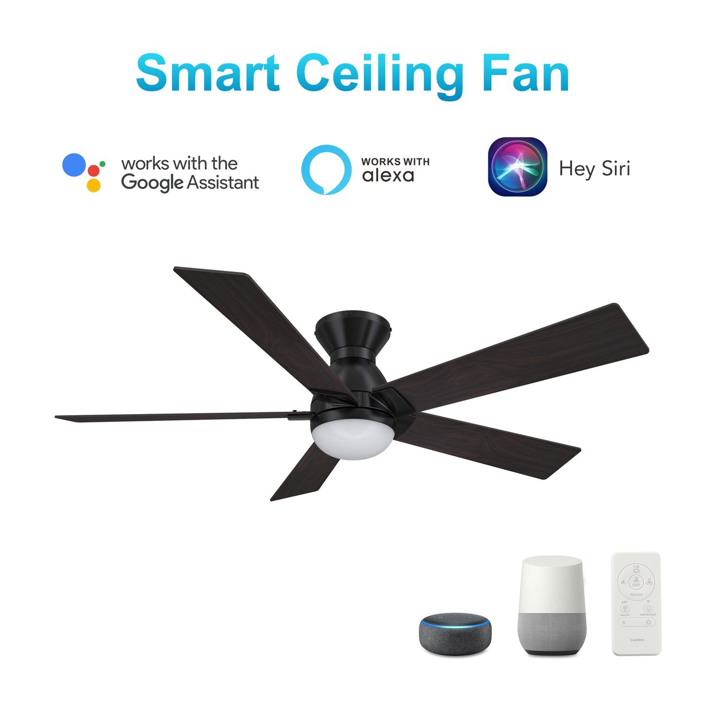 Carro ASCENDER 52 inch 5-Blade Flush Mount Smart Ceiling Fan with LED Light & Remote Control - Black/Walnut & Barnwood (Reversible Blades)