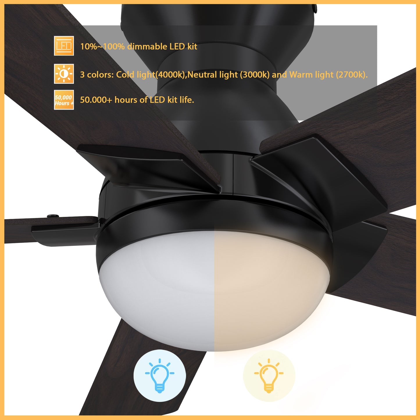 Carro ASCENDER 52 inch 5-Blade Flush Mount Smart Ceiling Fan with LED Light & Remote Control - Black/Walnut & Barnwood (Reversible Blades)