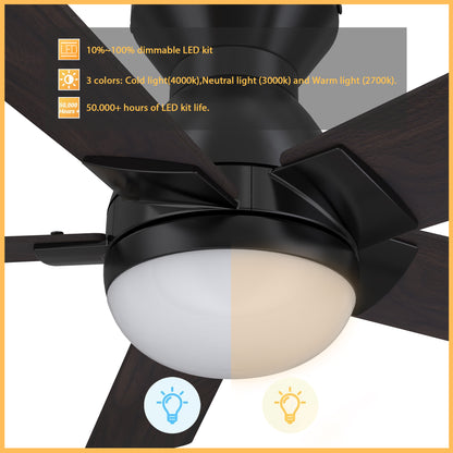 Carro ASCENDER 52 inch 5-Blade Flush Mount Smart Ceiling Fan with LED Light & Remote Control - Black/Walnut & Barnwood (Reversible Blades)