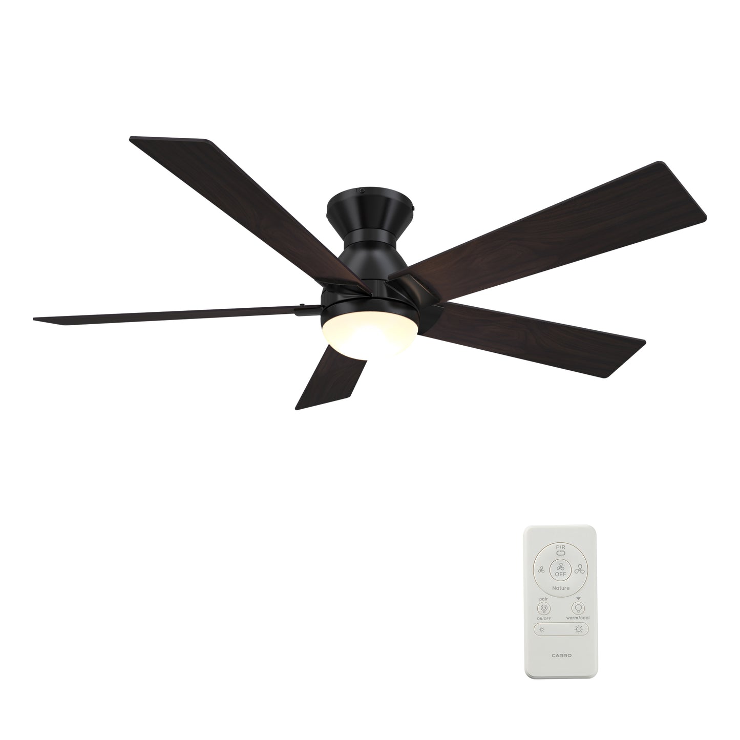 Carro ASCENDER 52 inch 5-Blade Flush Mount Smart Ceiling Fan with LED Light & Remote Control - Black/Walnut & Barnwood (Reversible Blades)