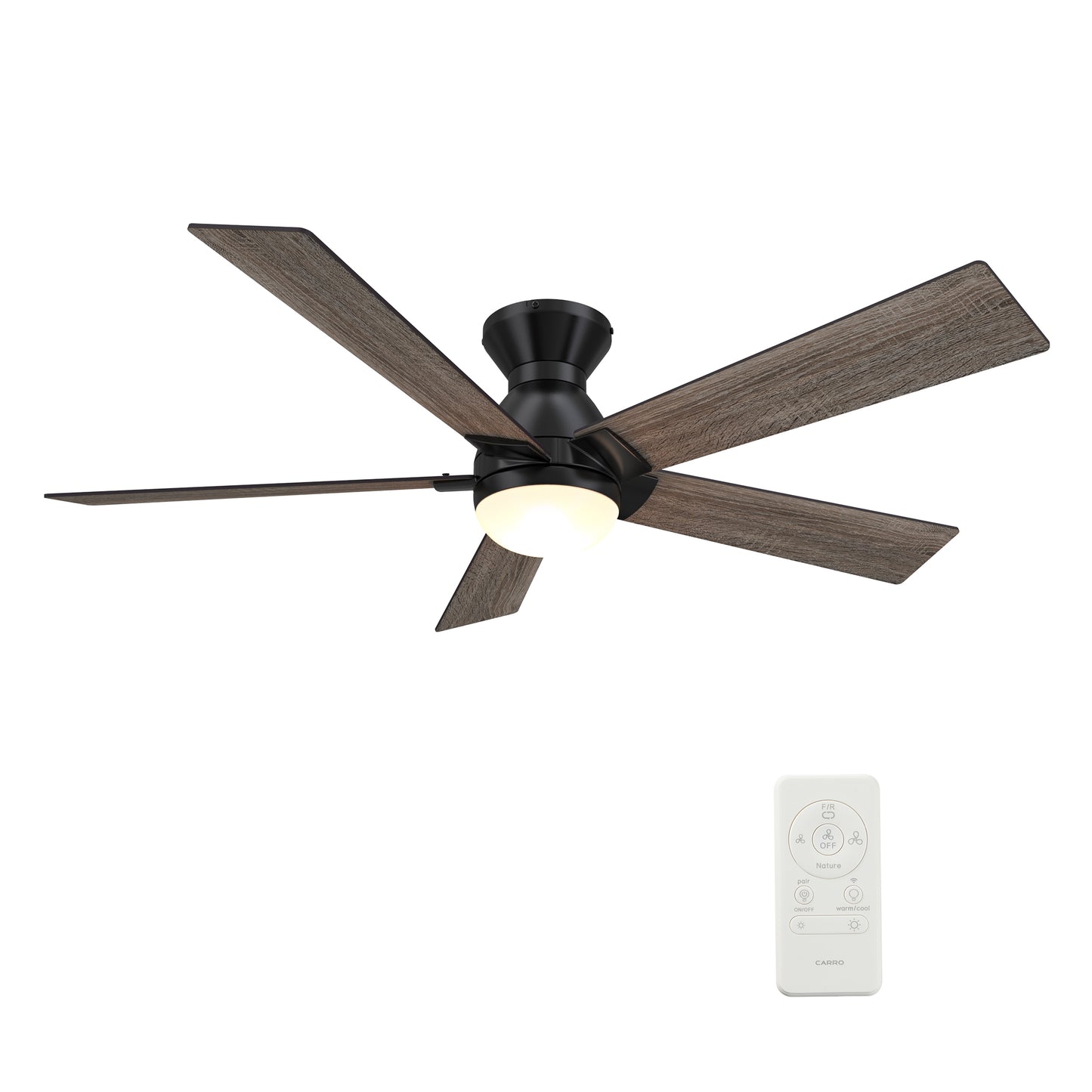 Carro ASCENDER 52 inch 5-Blade Flush Mount Smart Ceiling Fan with LED Light & Remote Control - Black/Walnut & Barnwood (Reversible Blades)