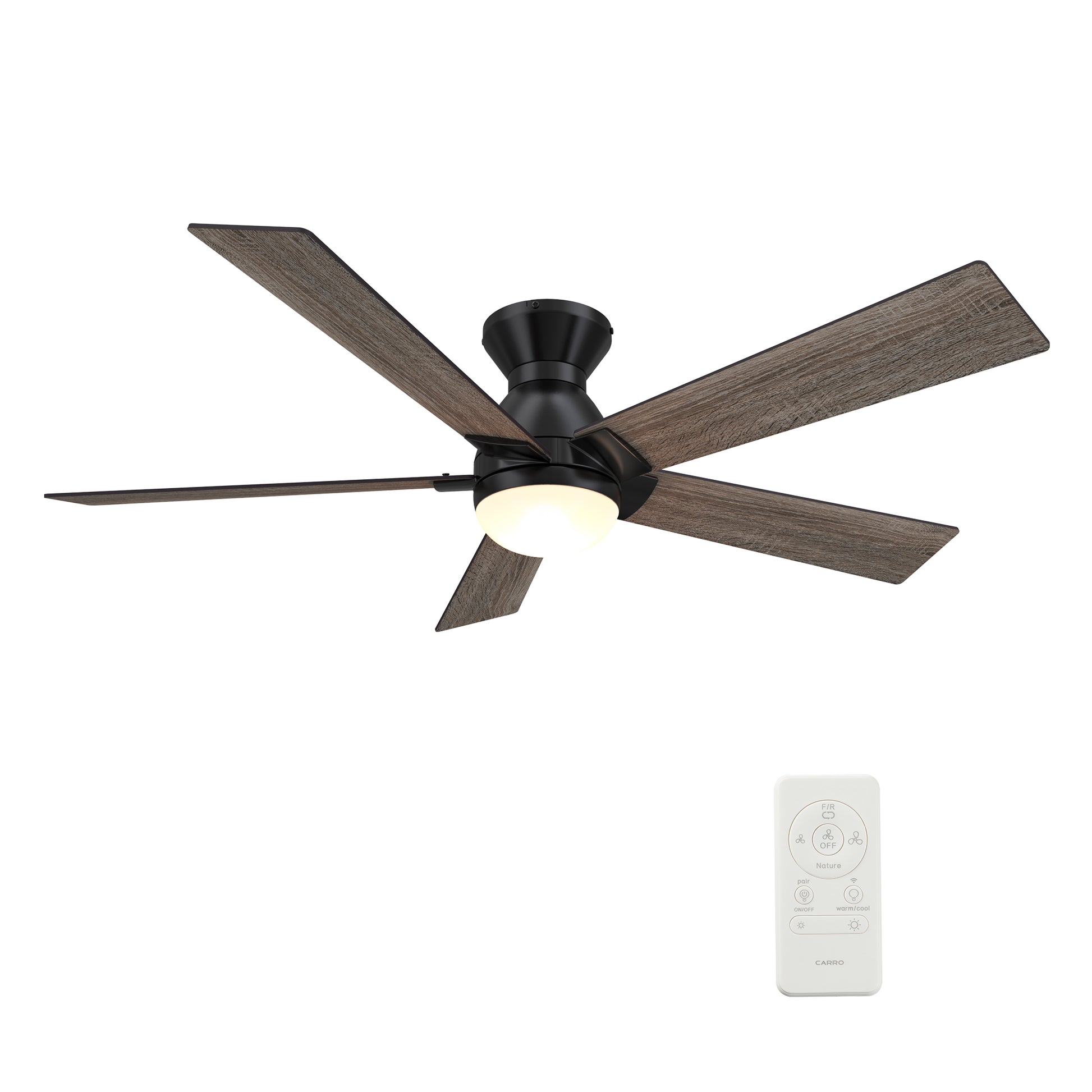 Carro ASCENDER 52 inch 5-Blade Flush Mount Smart Ceiling Fan with LED Light & Remote Control - Black/Walnut & Barnwood (Reversible Blades)