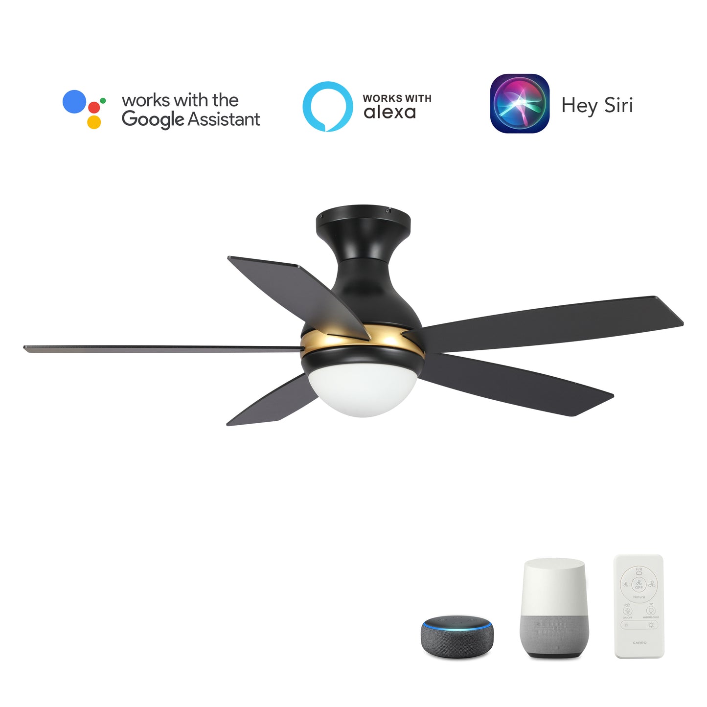 Carro Home TWISTER 52 inch 5-Blade Flush Mount Smart Ceiling Fan with LED Light Kit & Remote- Black/Black (Gold Detail)