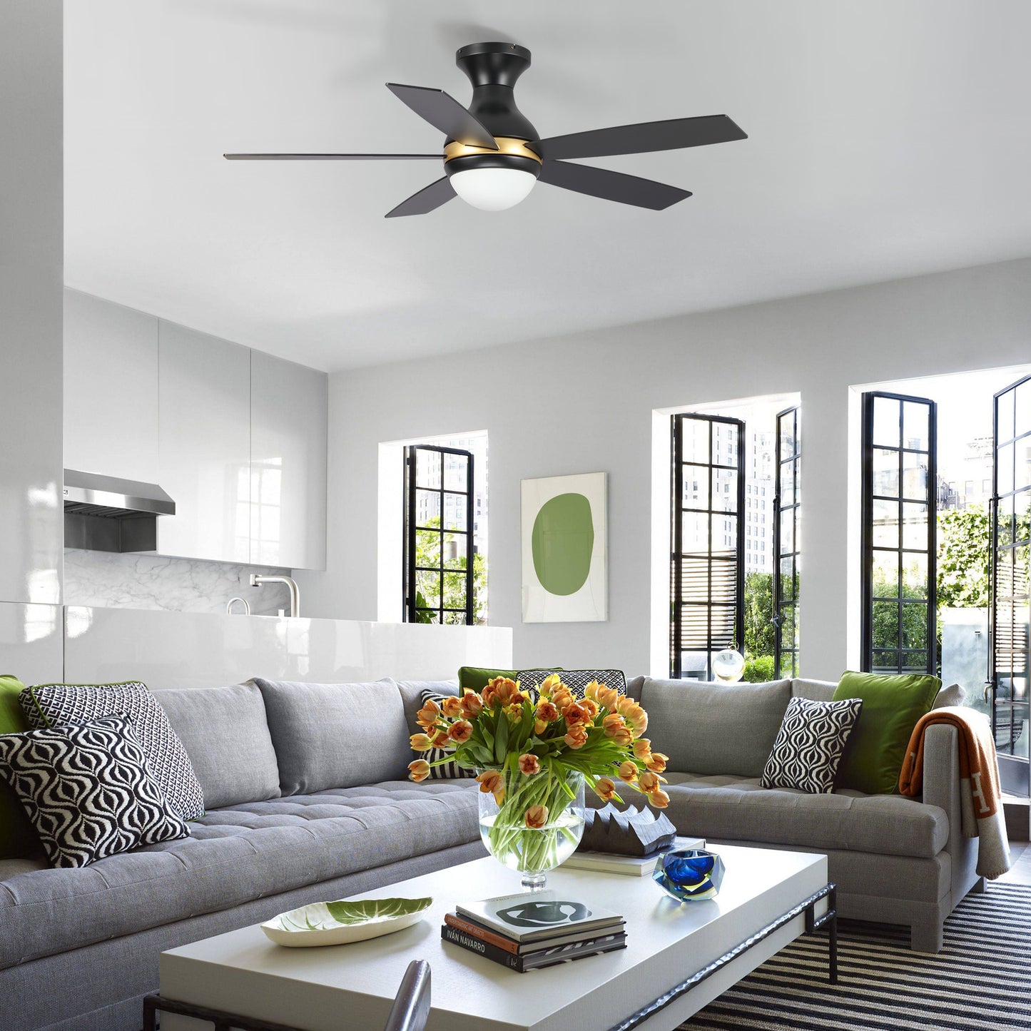Carro Home TWISTER 52 inch 5-Blade Flush Mount Smart Ceiling Fan with LED Light Kit & Remote- Black/Black (Gold Detail)