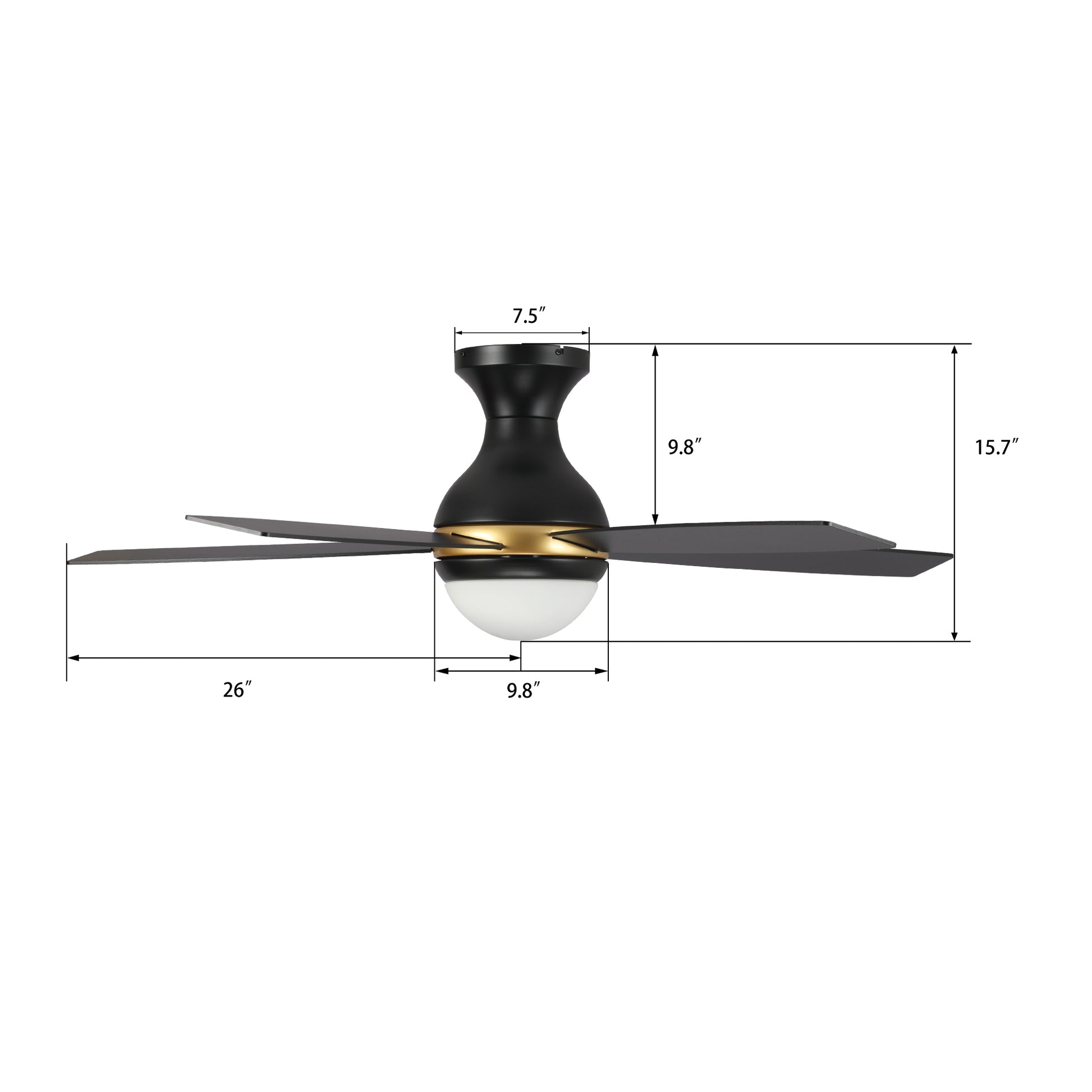 Carro Home TWISTER 52 inch 5-Blade Flush Mount Smart Ceiling Fan with LED Light Kit & Remote- Black/Black (Gold Detail)