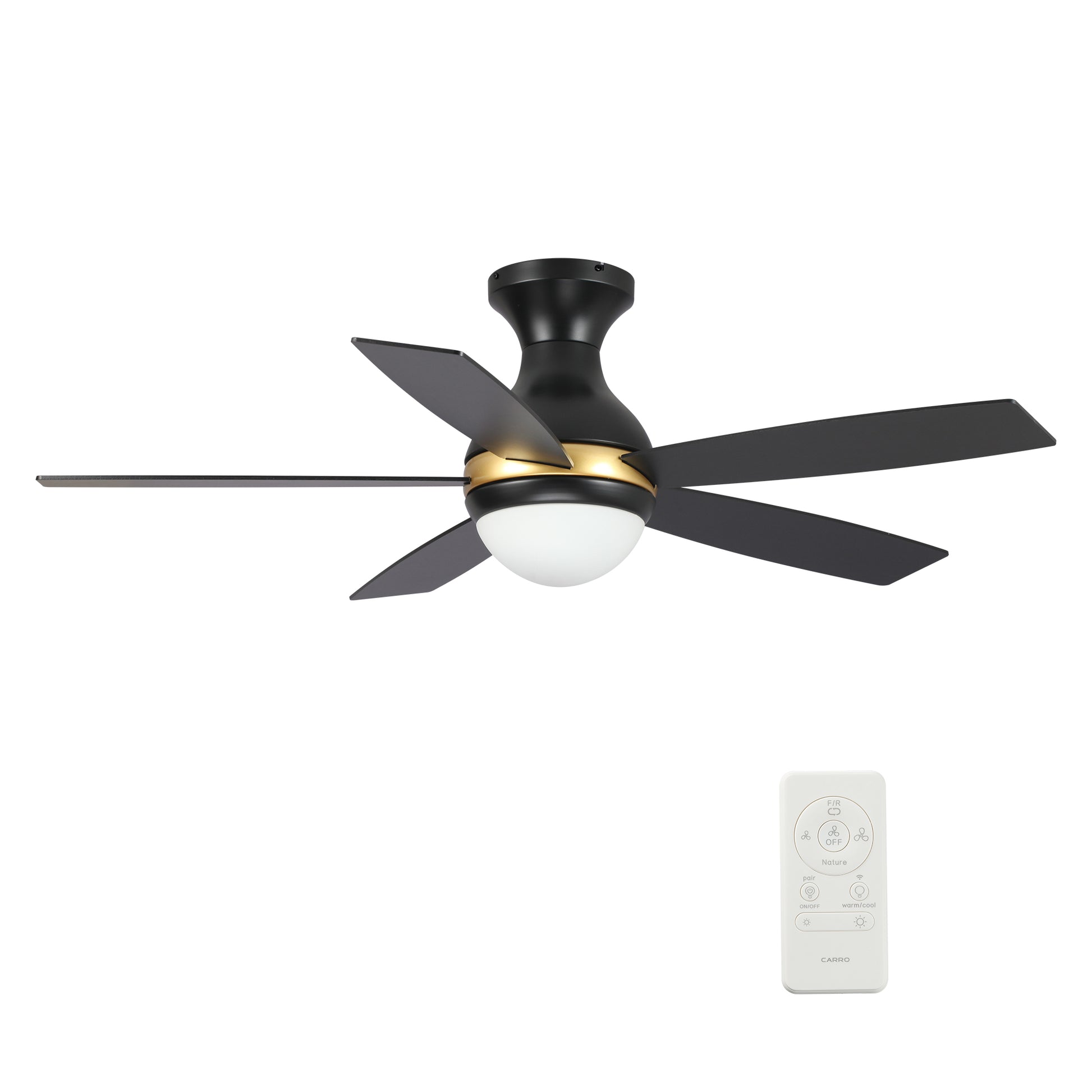 Carro Home TWISTER 52 inch 5-Blade Flush Mount Smart Ceiling Fan with LED Light Kit & Remote- Black/Black (Gold Detail)