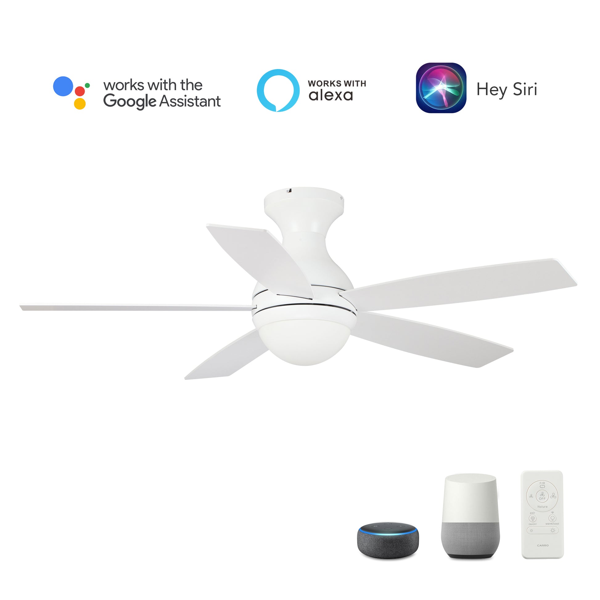 Carro Home TWISTER 52 inch 5-Blade Flush Mount Smart Ceiling Fan with LED Light Kit & Remote- White/White