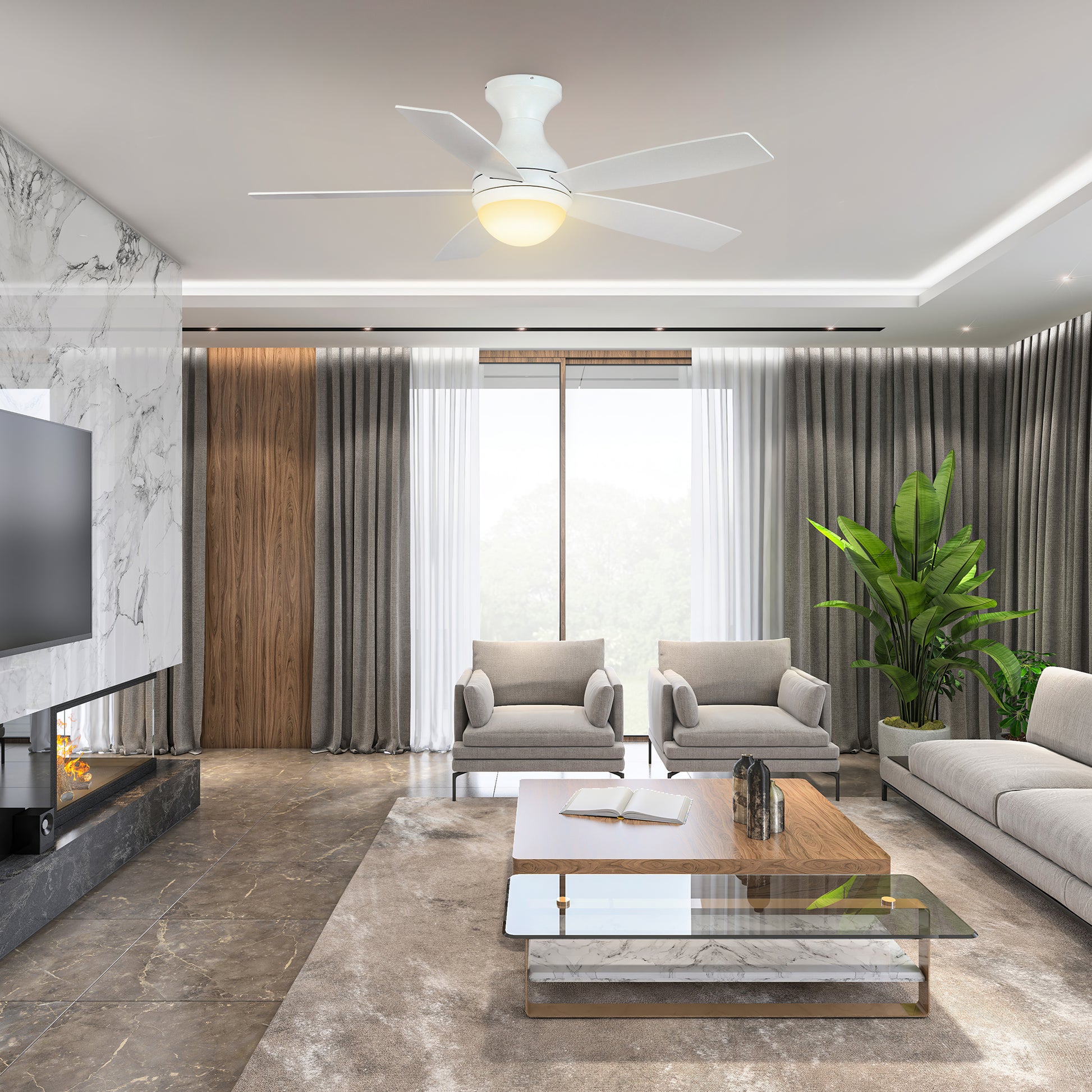 Carro Home TWISTER 52 inch 5-Blade Flush Mount Smart Ceiling Fan with LED Light Kit & Remote- White/White