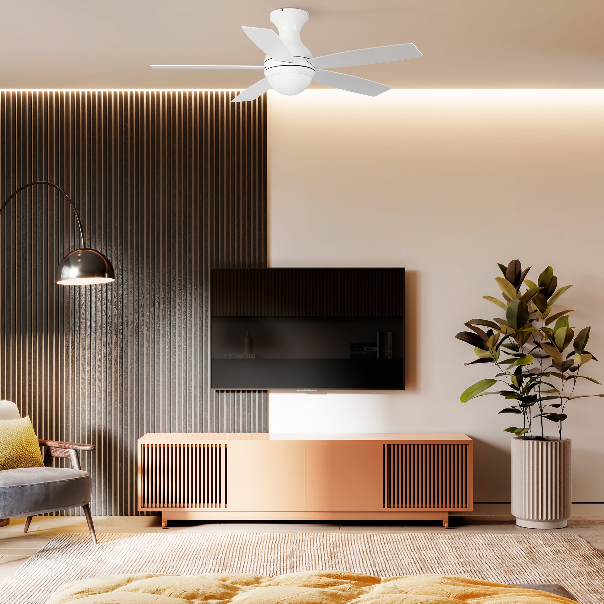 Carro Home TWISTER 52 inch 5-Blade Flush Mount Smart Ceiling Fan with LED Light Kit & Remote- White/White