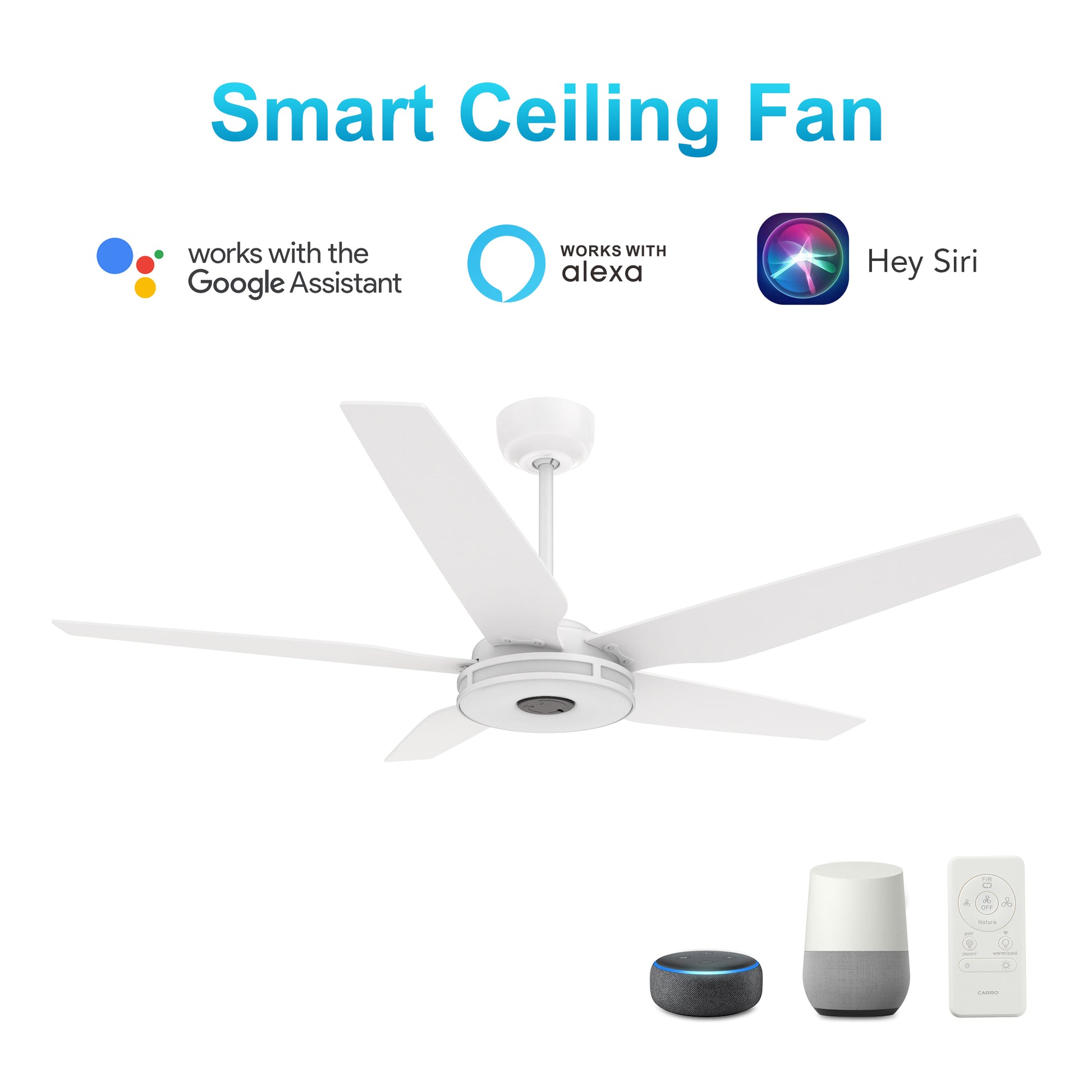 Carro ELIRA 52 inch 5-Blade Smart Ceiling Fan with LED Light Kit & Remote - White/White