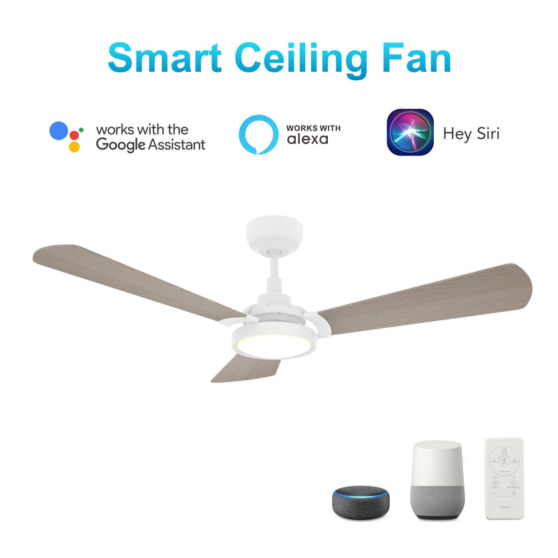 Carro USA BRISA 56 inch 3-Blade Smart Ceiling Fan with LED Light & Remote Control - White/Light Wood fan blades