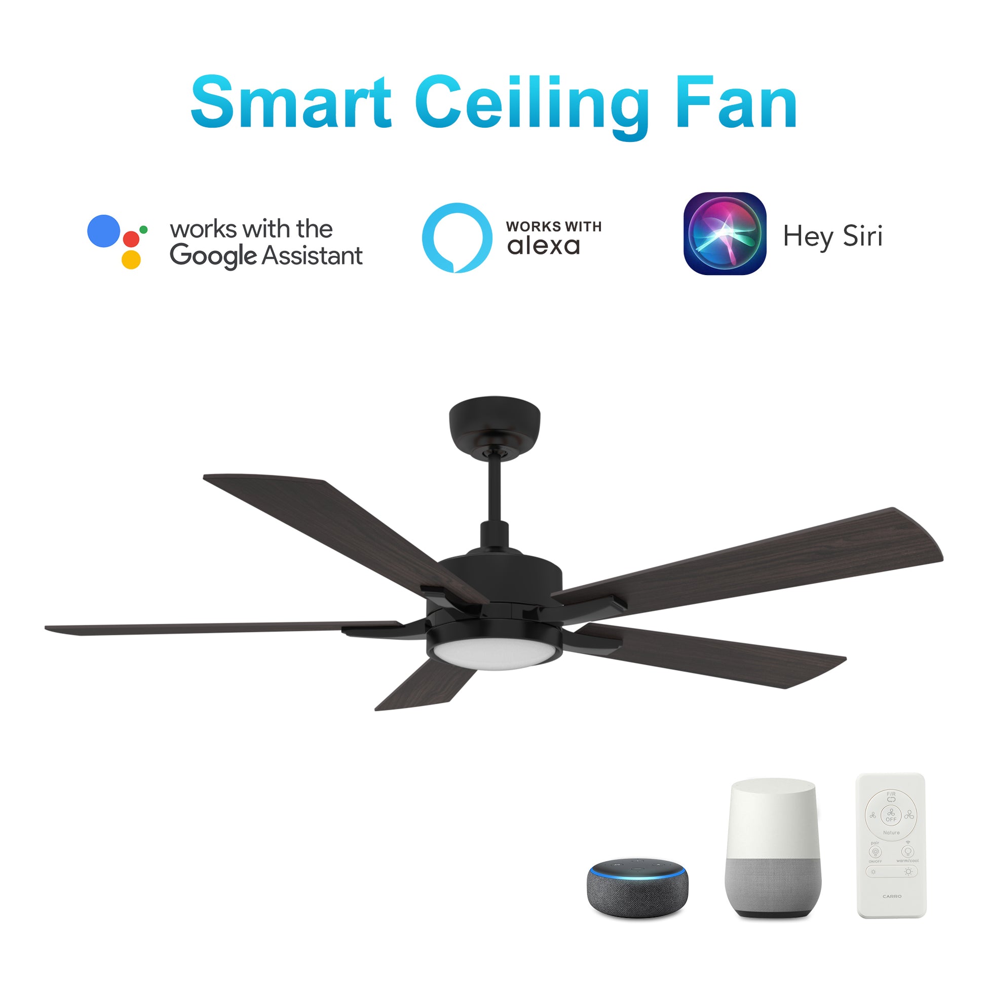 Carro Home APPLETON 56 inch 5-Blade Smart Ceiling Fan with LED Light Kit & Remote Control- Black/Wood Finish (Reversible Blades)