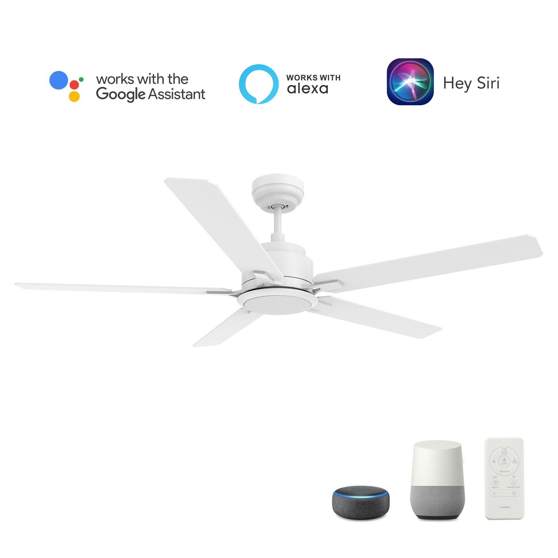 Carro Home ESPEAR 56 inch 5-Blade Smart Ceiling Fan with LED Light Kit & Remote - White/White
