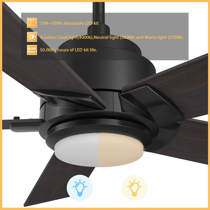 Carro ASCENDER 56 inch 5-Blade Flush Mount Smart Ceiling Fan with LED Light & Remote Control - Black/Walnut & Barnwood (Reversible Blades)