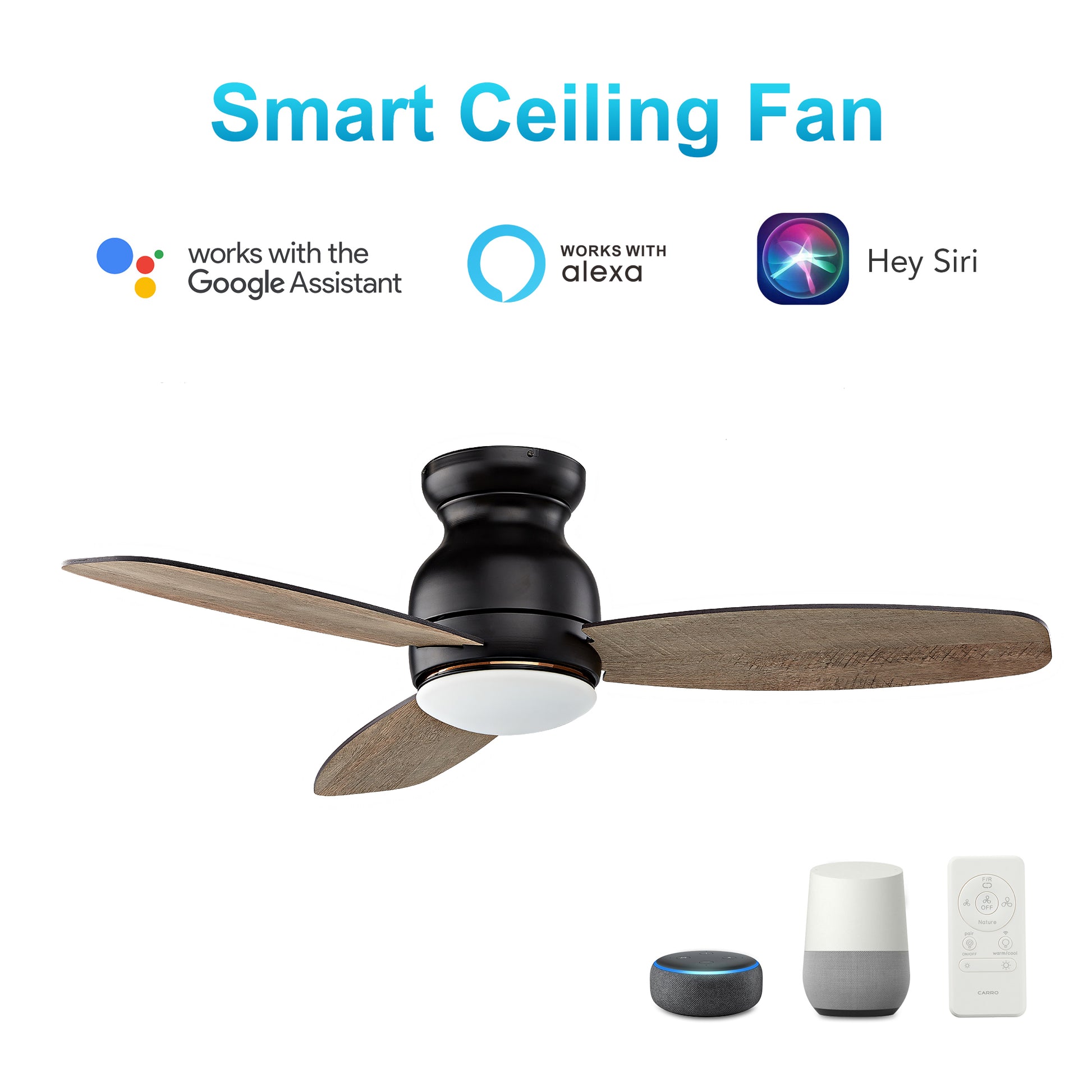 Carro TRENTO 60 inch 3-Blade Smart Ceiling Fan with LED Light Kit & Remote- Black/Walnut & Light Wood (Reversible Blades)