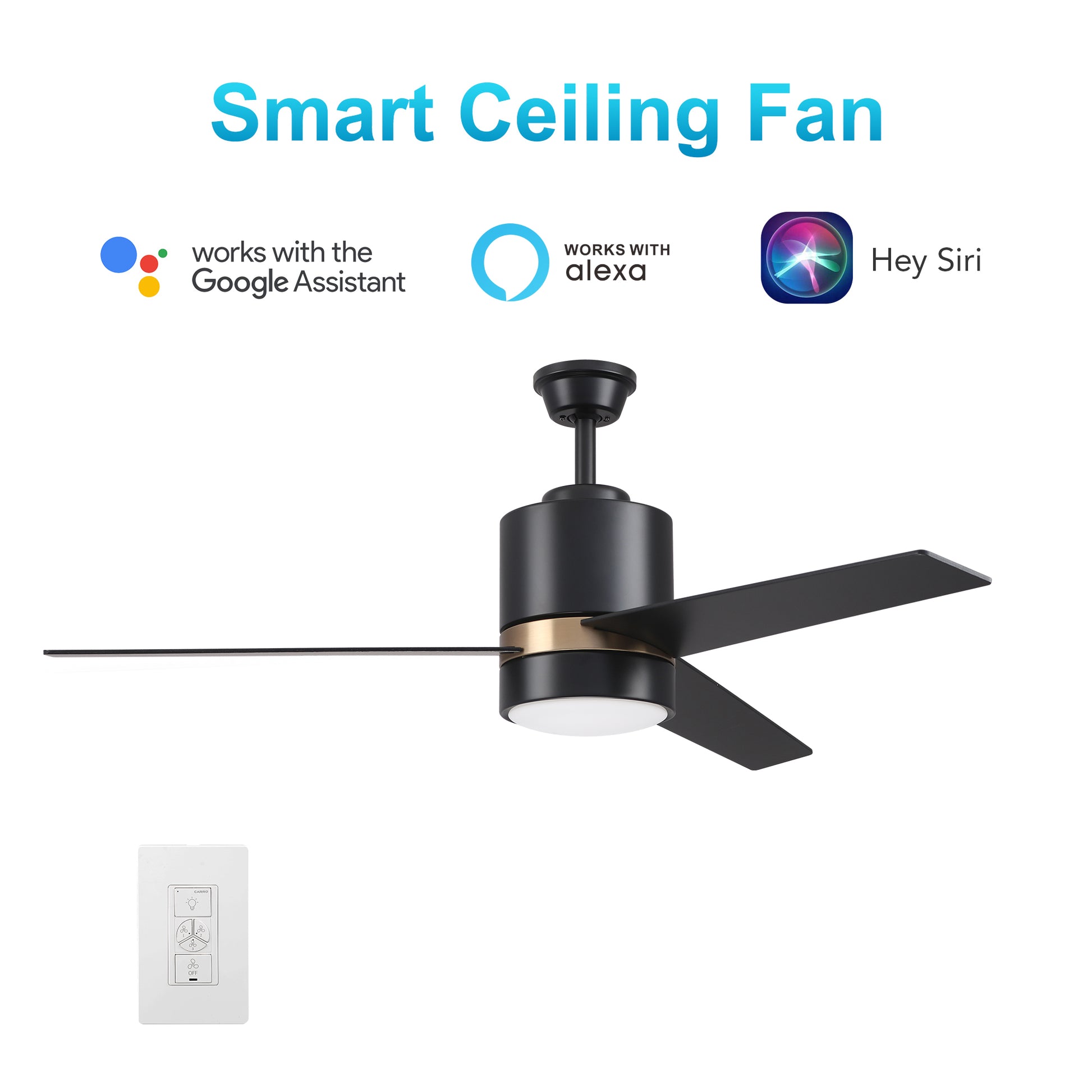 Carro Home RAIDEN 52 inch 3-Blade Smart Ceiling Fan with LED Light Kit & Smart Wall Switch - Black/Black (Gold Detail)