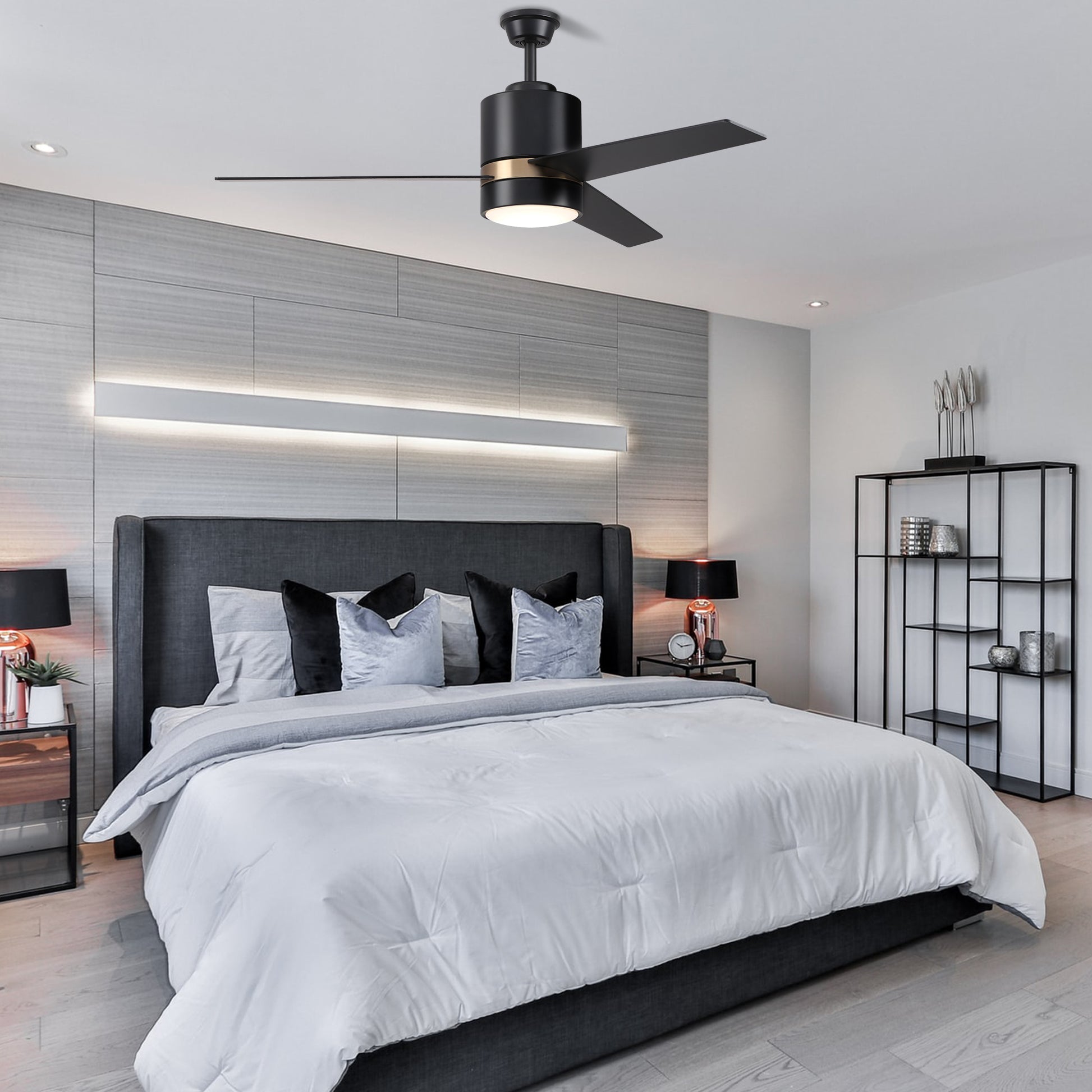 Carro Home RAIDEN 52 inch 3-Blade Smart Ceiling Fan with LED Light Kit & Smart Wall Switch - Black/Black (Gold Detail)