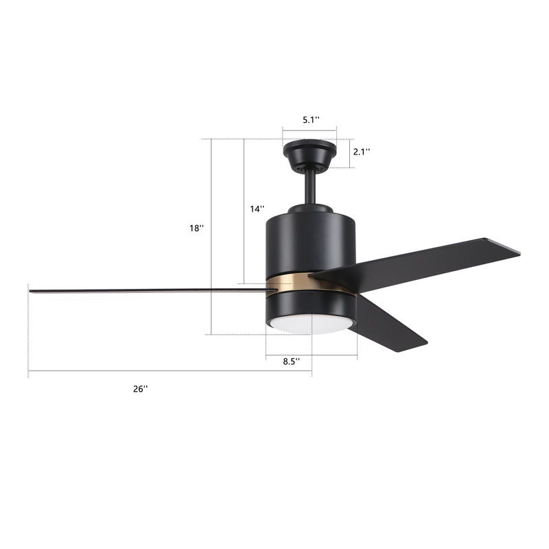 Carro Home RAIDEN 52 inch 3-Blade Smart Ceiling Fan with LED Light Kit & Smart Wall Switch - Black/Black (Gold Detail)