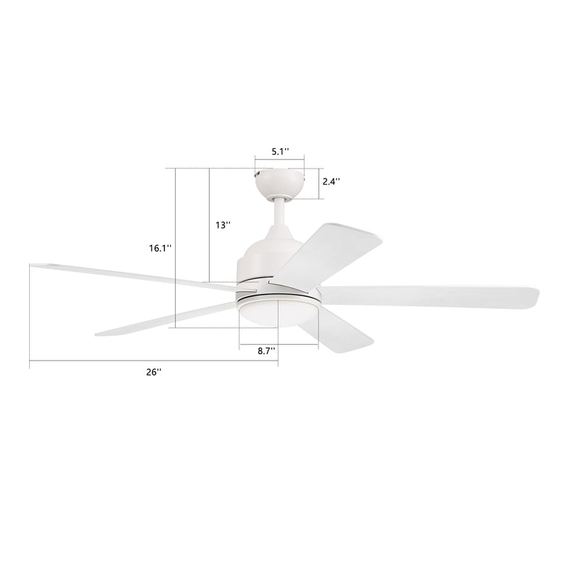 Carro SIMOY 52 inch 5-Blade Smart Ceiling Fan with LED Light Kit & Wall Switch - White/White & Light Wood (Reversible Blade)