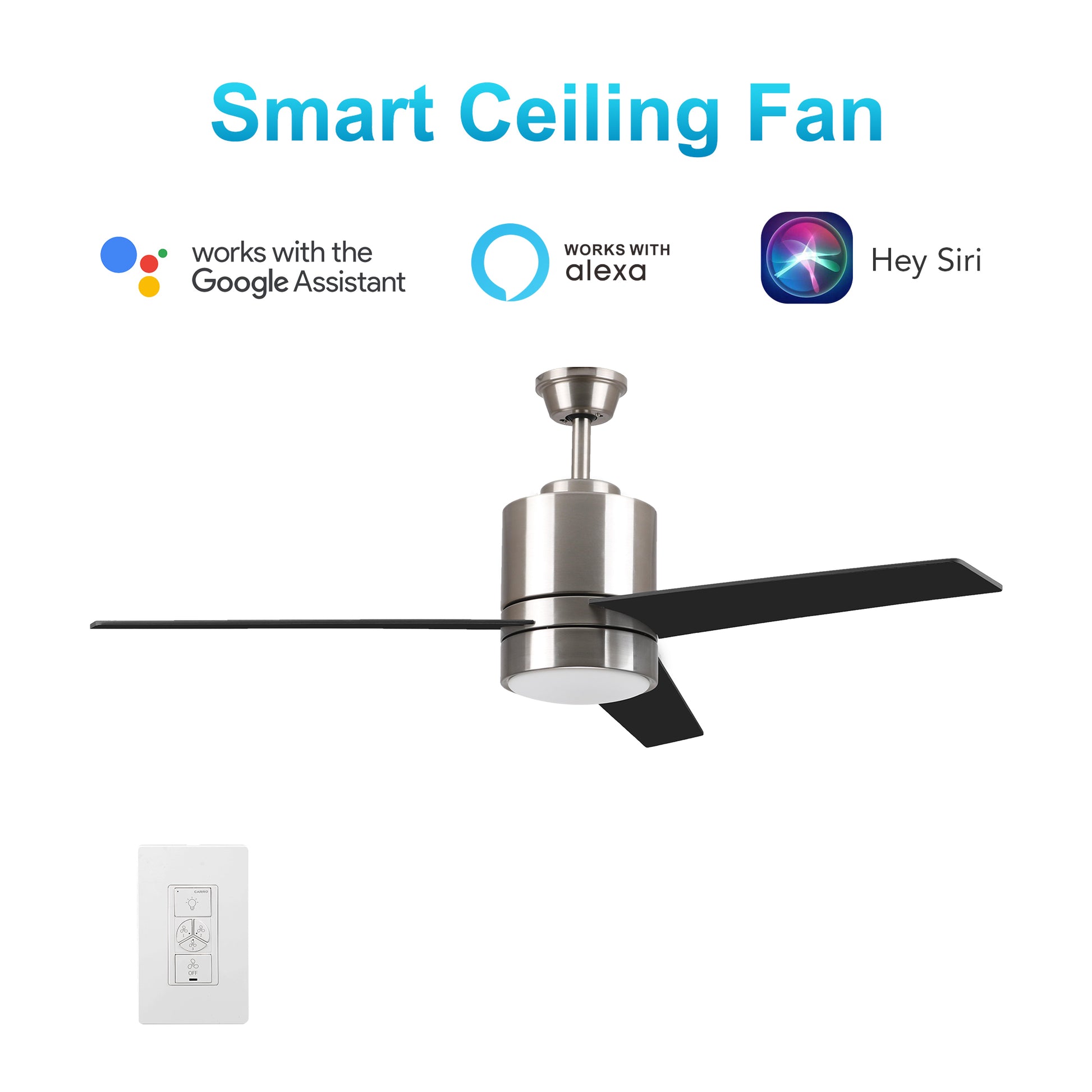 Carro Home RAIDEN 52 inch 3-Blade Smart Ceiling Fan with LED Light Kit & Smart Wall Switch - Silver/Black & Light Wood (Reversible Blades)