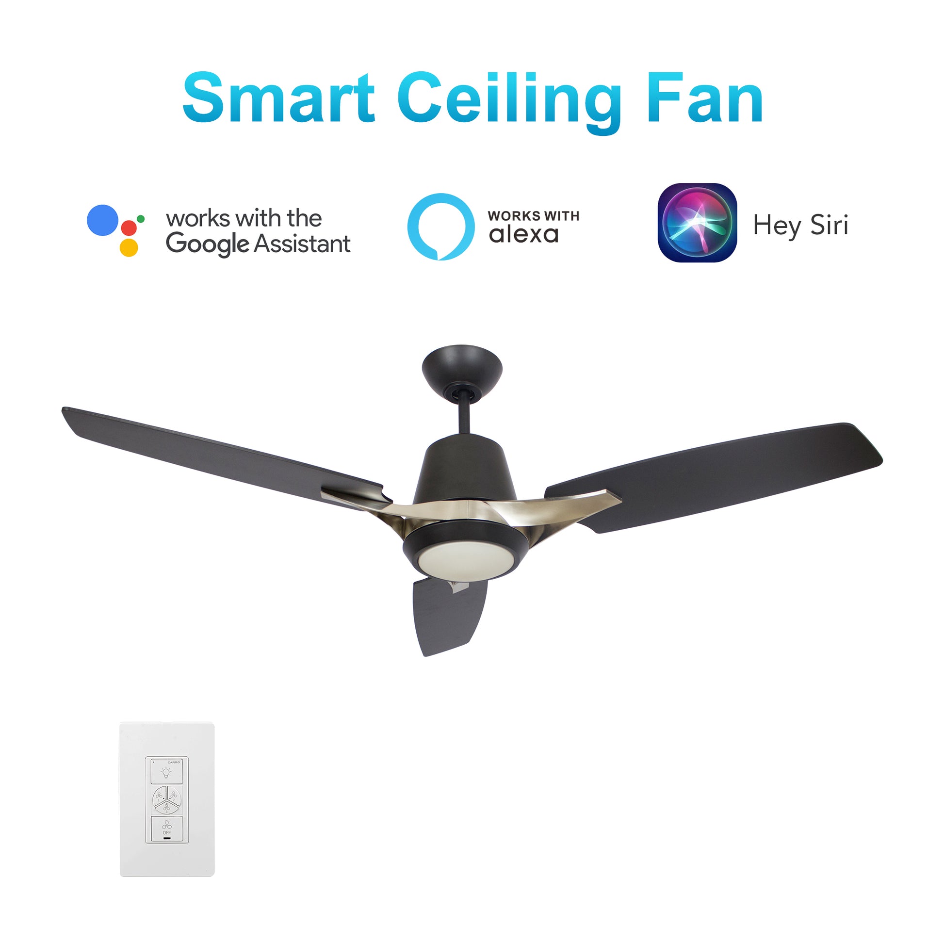 Carro EUNOIA 52 inch 3-Blade Smart Ceiling Fan with LED Light Kit & Wall Switch - Black/Brushed Nickel fan blades