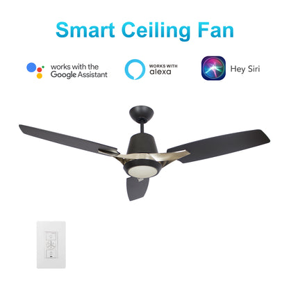 Carro EUNOIA 52 inch 3-Blade Smart Ceiling Fan with LED Light Kit & Wall Switch - Black/Brushed Nickel fan blades