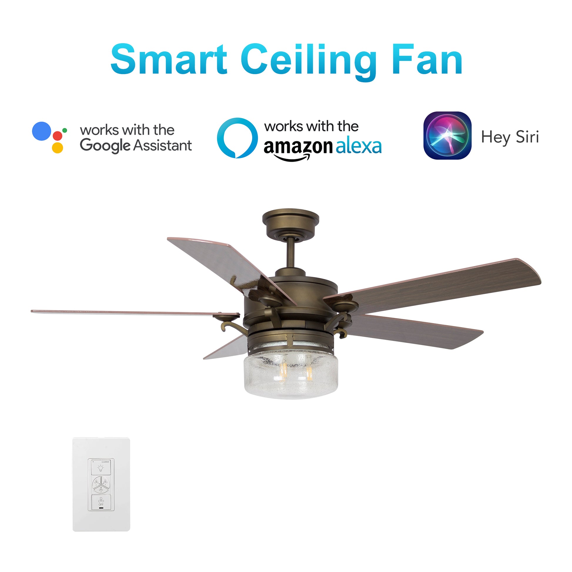Carro ALEXIA 52 inch 5-Blade Smart Ceiling Fan with Smart Wall Switch- Oil Rubbed Bronze/Dark Wood & Cherry Wood (Reversible Fan Blades)