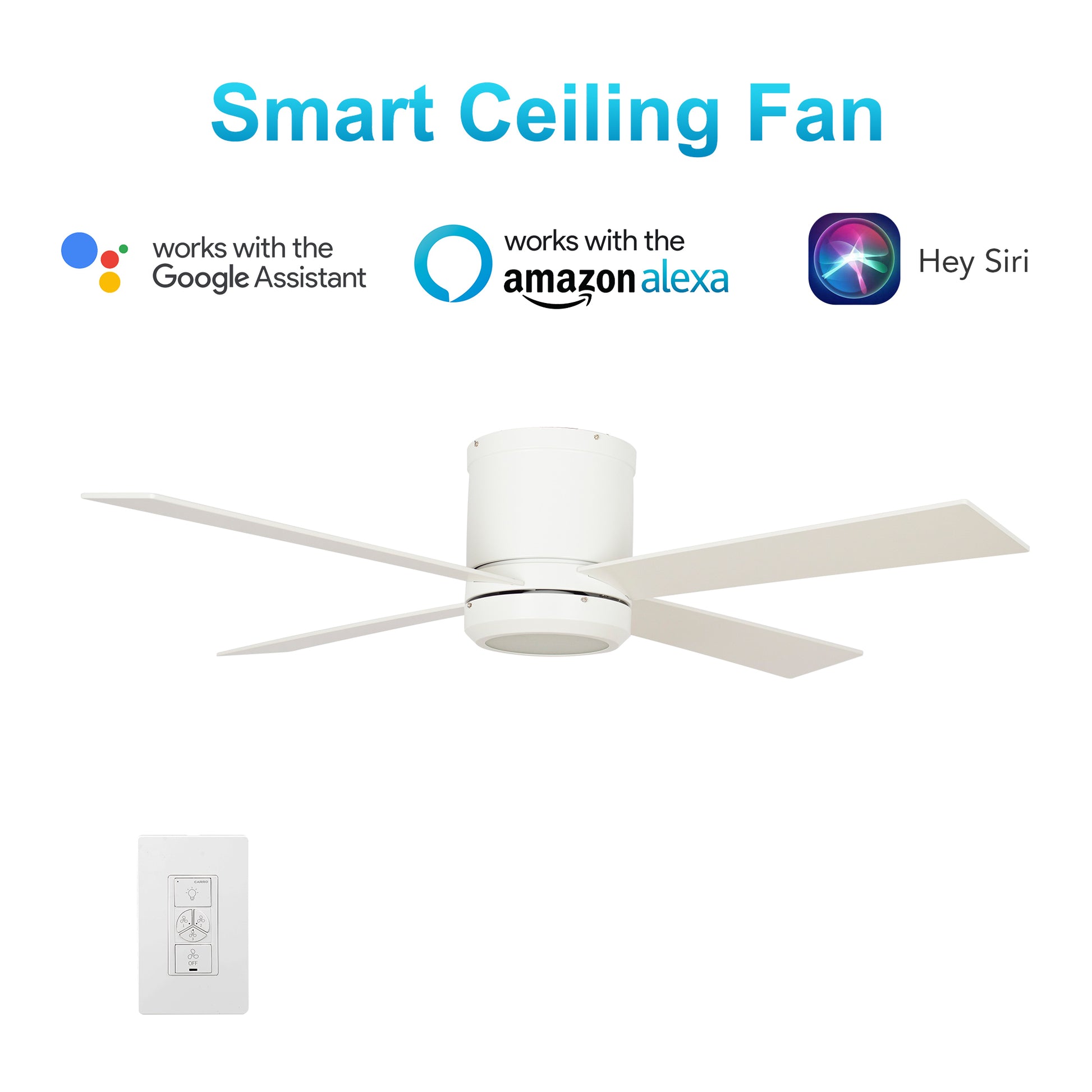 Carro ARLINGTON 52 inch 4-Blade Flush Mount Smart Ceiling Fan with Wall Switch - White/White