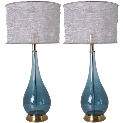 Carro Home Lola Big Translucent Blue Ombre Glass Table Lamp 30" - Blue Ombre/Silver Yarn Shade (Set of 2)