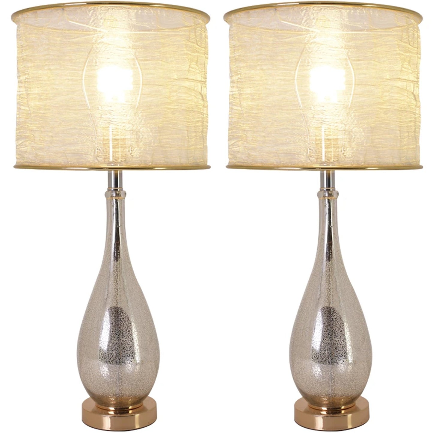 Carro Home Lola Little Mercury Droplet Glass Table Lamp 28" - Gold Mercury/Golden Yarn Shade (Set of 2)