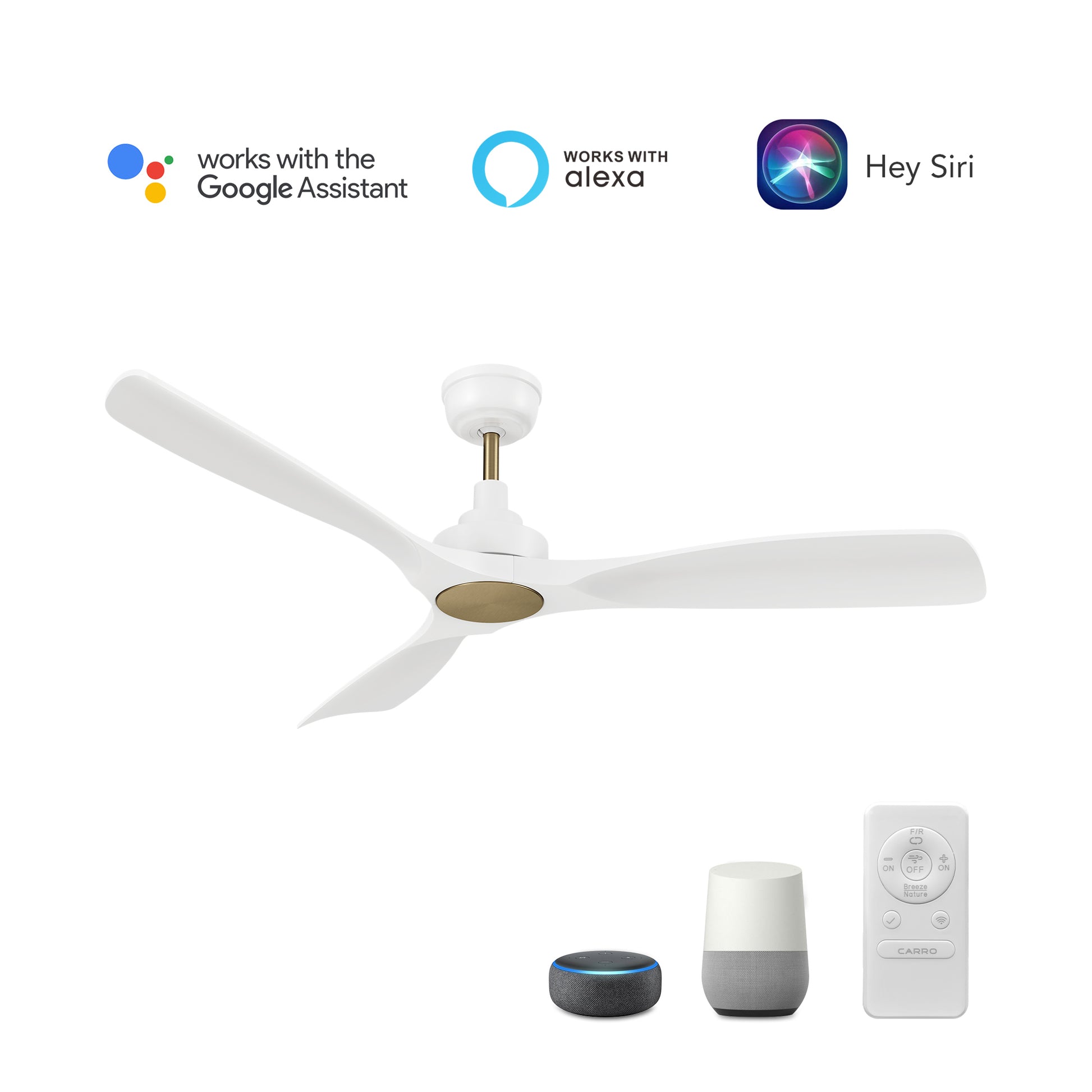 Carro KIAMA 52 inch 3-Blade Smart Ceiling Fan with Remote Control- White/White (No Light)