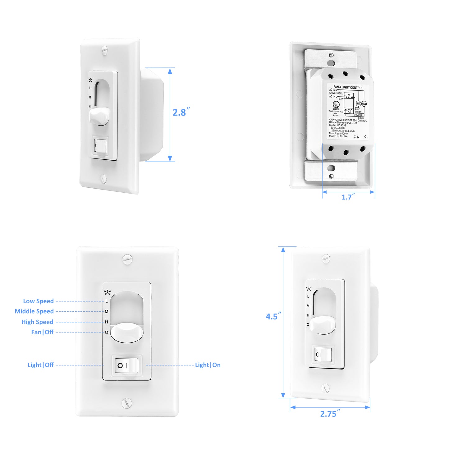 Carro CORMIER 3-Speed Ceiling Fan Wall Switch and On/Off Control (AC Motor Builder Grade Fans Only)