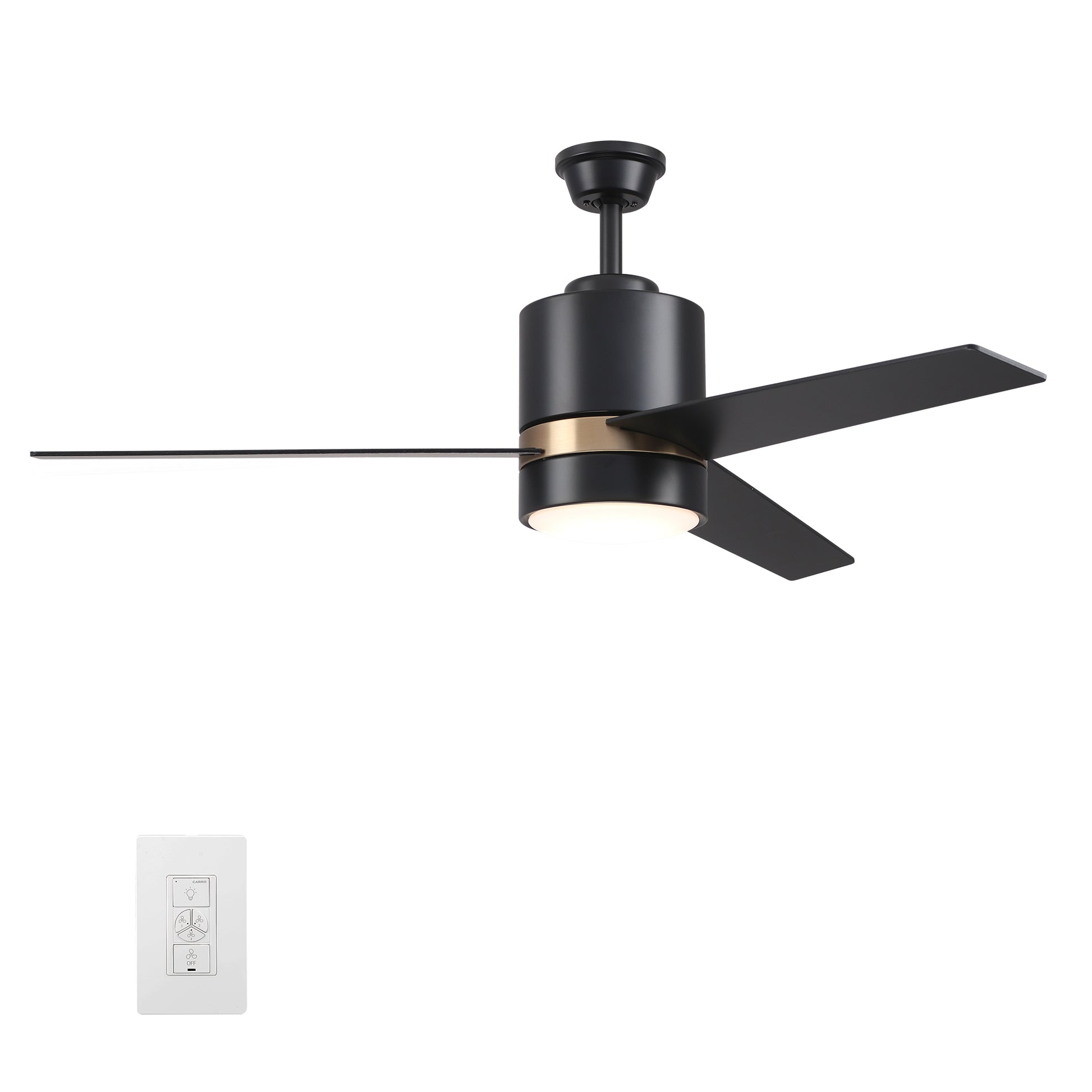 Carro Home RAIDEN 52 inch 3-Blade Smart Ceiling Fan with LED Light Kit & Smart Wall Switch - Black/Black (Gold Detail)