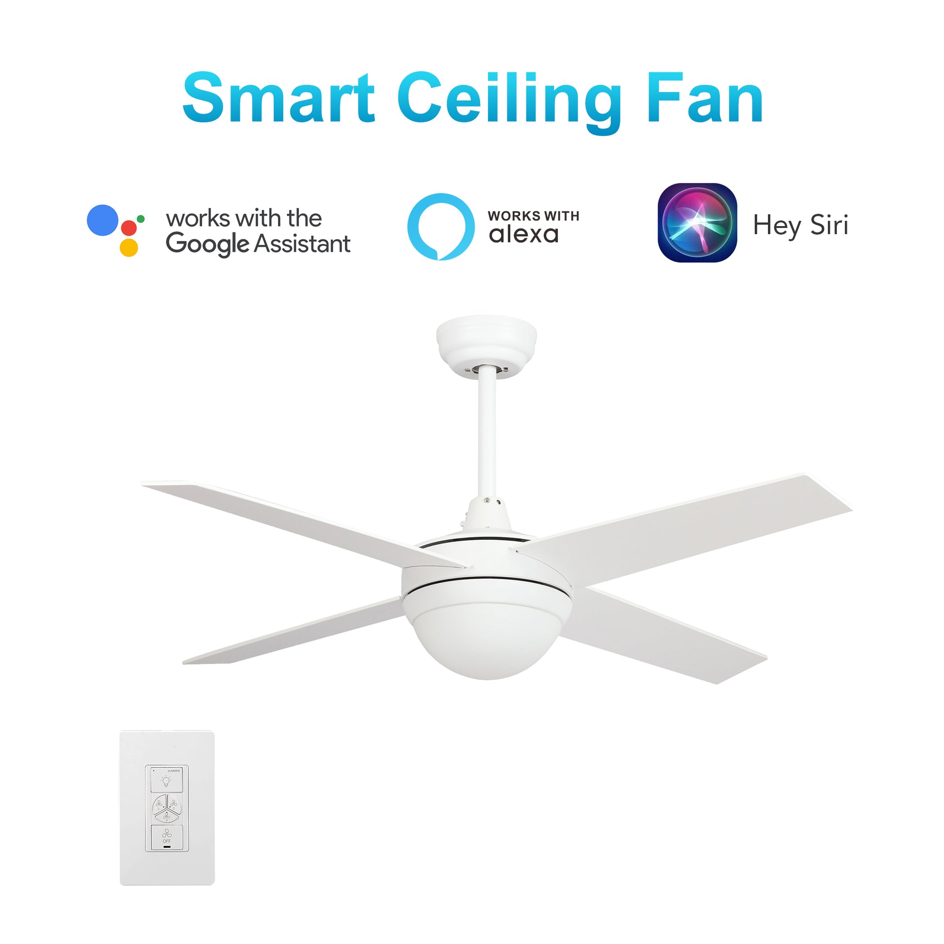 Carro NEVA 52 inch 4-Blade Smart Ceiling Fan with LED Light Kit & Smart Wall Switch - White/White