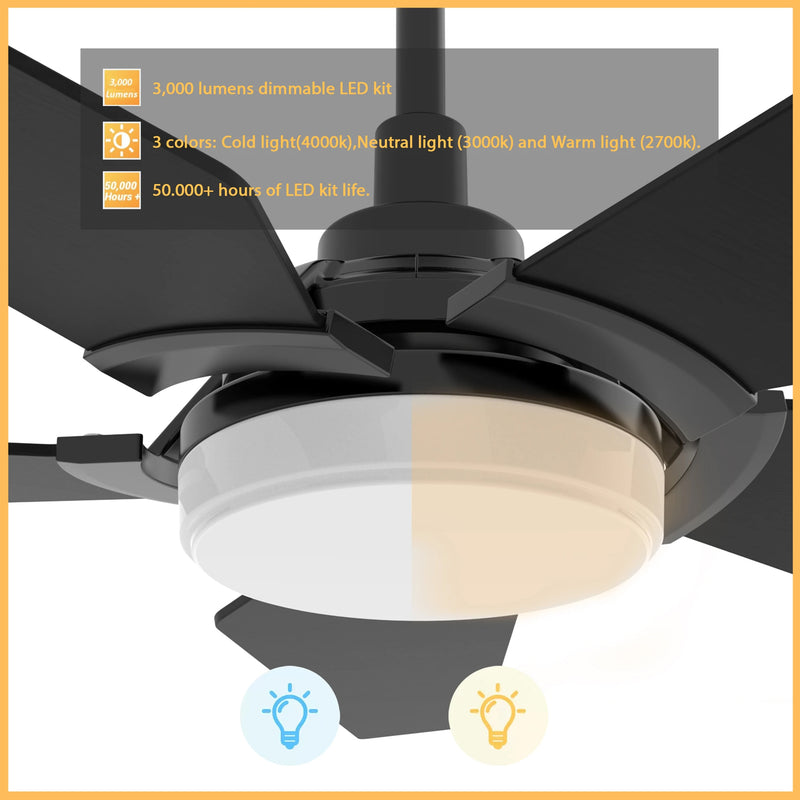 Carro WOODROW 52 inch 5-Blade Smart Ceiling Fan with LED Light Kit & Remote - Black/Black