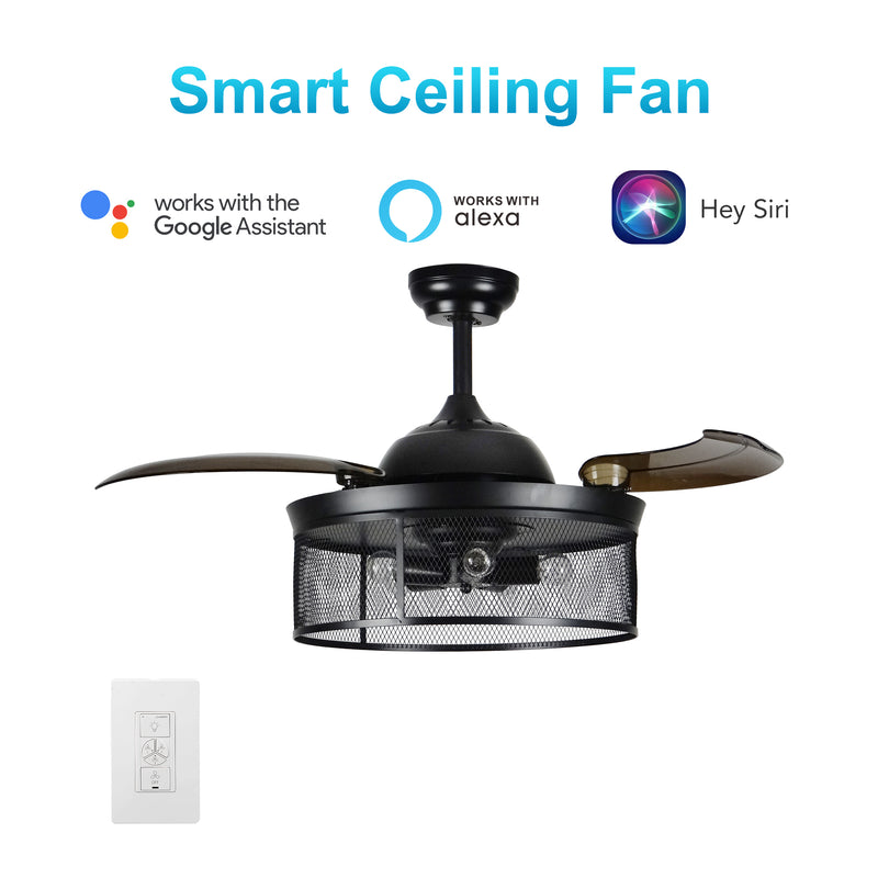 Carro PALOMA 42 inch 3-Blade Retractable Blades Smart Ceiling Fan with Wall Switch - Black/Dark Brown
