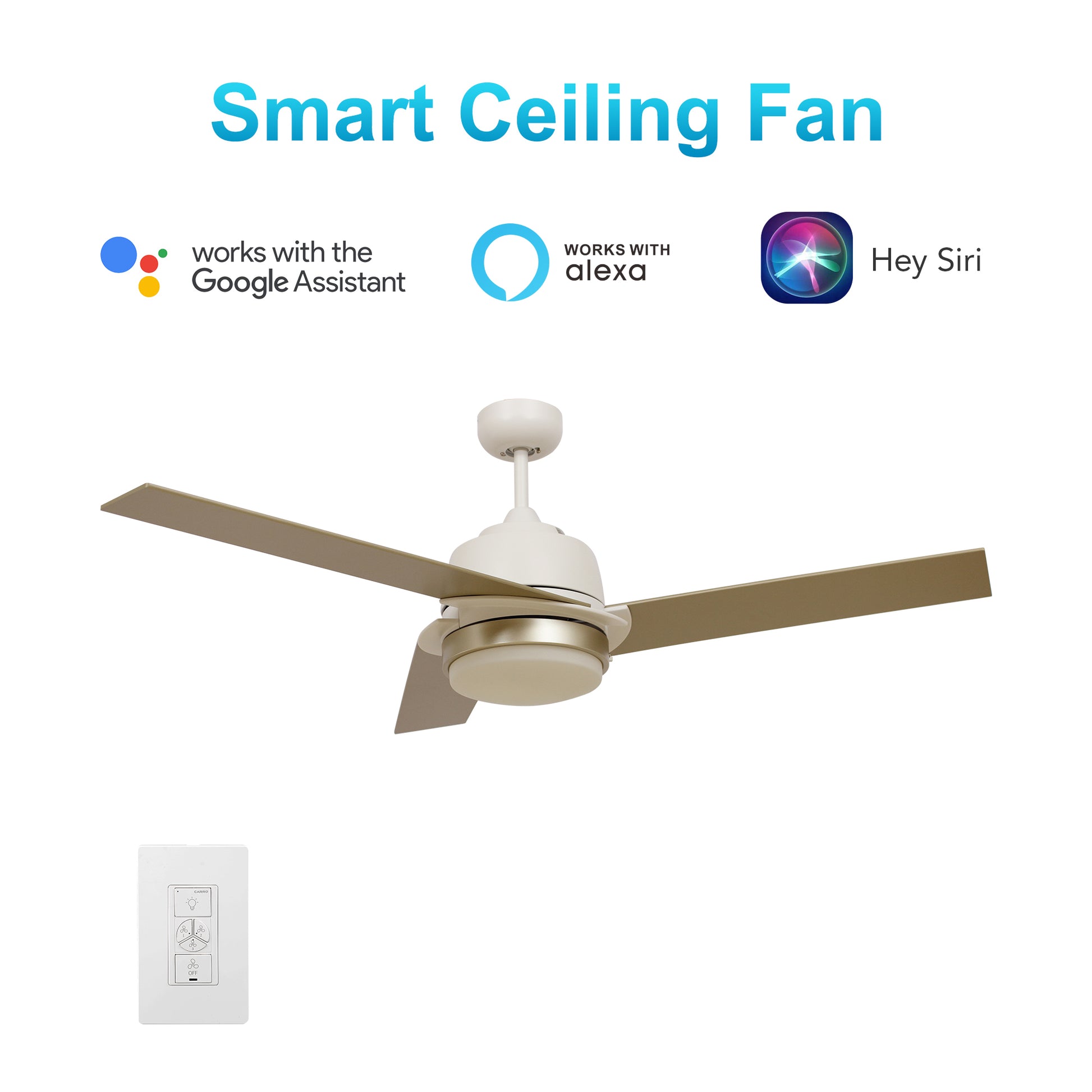 Carro AERYN 52 inch 3-Blade Smart Ceiling Fan with Wall Switch - White/Champagne